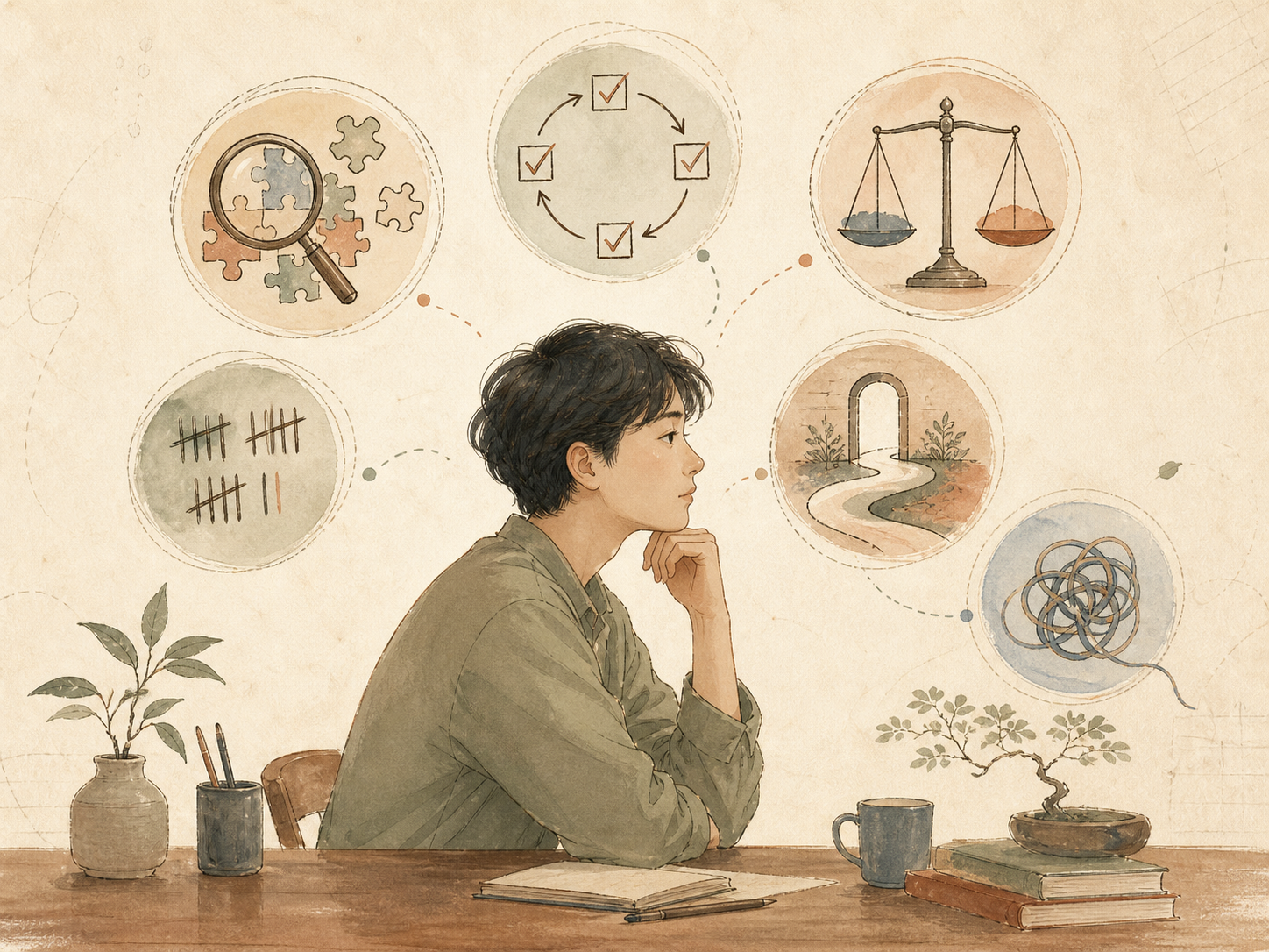 一个人安静思考，周围环绕分析、检查、比较、计数和回避等心理强迫符号